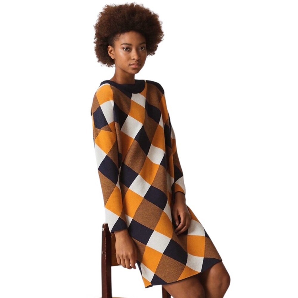 SKFK Natalie Geo Print Knit Dress Blue Gold Organic Cotton NWT - Picture 4 of 12